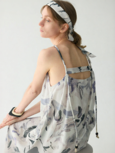 INSIS FEMME | Printed Silk Hand-Painted Iris Pattern Round Rope Halter Dress