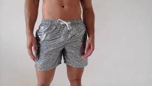 CLEVER-MENMODE Mens Shiny Metallic Printed Loose Beach Pants Drawstring Leisure Sports Pants European Size