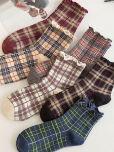 Womens Mid-calf Socks Cotton Summer Thin Lace Checkered Grid Sweet School Style Spring Autumn Short Socks Moisture Wicking