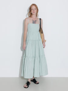 Striped Vacation Style Casual Spring and Summer Spaghetti Strap Loose Large Flare Dress