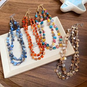 Bohemian Colorful Irregular Shell Beaded Necklaces for Women Retro Double-layer Necklace Individual Statement Holiday Jewelry X