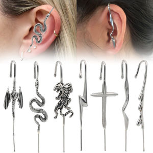 9-1PCS Stainless Steel Cross Snake Hook Ear Cuff Long Earrings Punk Wing Earlobe Diagonal Piercing Earrings Piercing Jewelry