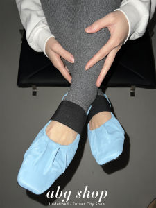 Blue Ballet Flats Low Heel Square Head Velvet Shoes Womens Slip-On Outdoor Wear Fashionable Belt Decorated Leather Inner