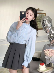 French Blue Lantern Sleeve Ruffle Collar Long Sleeve Womens Shirt Inner Wear Autumn 2025 New Style Korean Trend Top