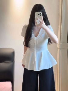 plus Size Womens French Vintage V-Neck Pleated Belted Shirt Summer Waist-Cinching Short Sleeve Top Korean Style Commute Fashion
