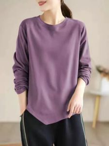 Spring & Fall Plus Size Artsy Casual Bottoming Shirt Versatile Loose Top Women Pure Cotton round Neck Irregular Long Sleeve T-Shirt Women