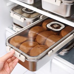 กล่องเก็บอาหารขนาดใหญ่ 304 สแตนเลสสำหรับตู้เย็น กล่องเก็บอาหารสำหรับขนมปัง ขนมปีน กล่องเก็บอาหารระดับอาหาร