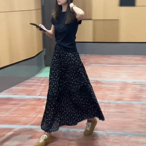 Shalldoer | Summer Unique Beautiful Two-Piece Set Womens Black Round Neck Short Sleeve T-Shirt Polka Dot Half Skirt Fashionable Outfit