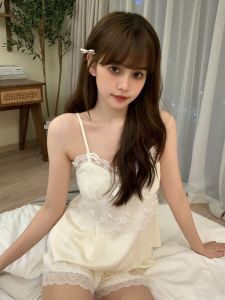 Spring Autumn 2024 New Sensual Womens Ice Silk Sleepwear with Chest Pad Four-Piece Set Summer Outdoor Wear Home Clothes