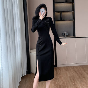 Elegant Black Long Sleeve Cheongsam Dress with Embroidered Beads Slit Retro Chinese Style Luxury Name Lady Commute Polyester Fiber