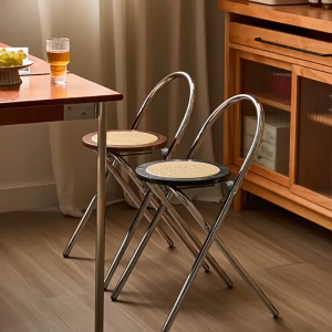 Foldable Rattan Dining Chair with Backrest Lightweight Indoor Outdoor Chair for Home Cafe Garden