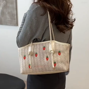 Strawberry Embroidery Tote Bag: A Woven Shoulder Bag with Zipper Closure