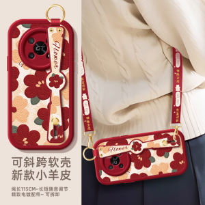 Honor X50 New Phone Case Red Flower Oil Painting Style Soft Cartoon Small Sheepskin Wrist Strap Protective Cover for X40GT X30I X20SE X10