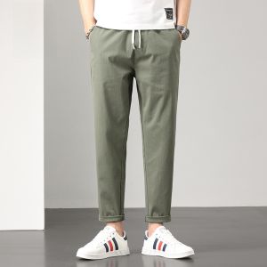 ROMON | Lormen Summer Thin Mens Casual Loose Straight Leg Pants Elastic Drawstring Workwear Nine-Tenths Length Breathable Cool Feeling