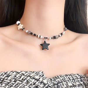 Star Pentagram Beaded Choker Necklace for Women Vintage Sweet Y2k Trendy Collar Chain Jewelry