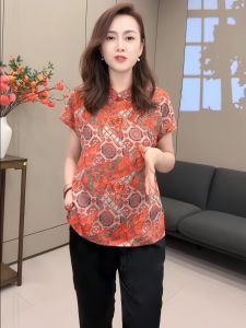 Silk Shifu Cloud Dyed Shirt Short Sleeves Stand up Collar China Style Print Loosefit Mdeling mid Length Regular Sleeve Summertime Womens Top