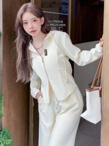 Casual Fashionable Sportswear Set Womens Spring Hooded Double Zipper Sweatshirt High Waist Wide Leg Pants Two Piece Set