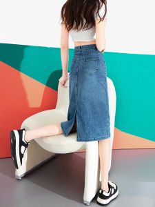 กระโปรงยีนส์ทรงเอเอวสูง กระโปรงทรงตรงคลุมสะโพก กระโปรงสั้นผู้หญิงฤดูใบไม้ผลิและฤดูใบไม้ร่วง กระโปรงยาวปานกลาง สไตล์ย้อนยุค ลายพิมพ์ลายดอกไม้