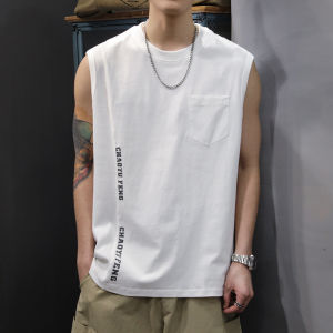 เสื้อกั๊กสปอร์ตคอตตอนหลวมๆ สไตล์อเมริกันสำหรับผู้ชาย แขนกุด ทรงหลวม แฟชั่นฤดูร้อน ลำลอง เสื้อยืดคอกลม