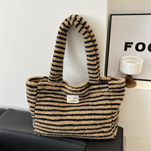 Lamb Fur Casual Tote Bag Womens 2024 New Trendy Stripe Underarm Bag Shoulder Handbag Soft Bucket Shape Polyester Lining