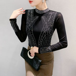 Yimei 2024 Châu Âu Trạm Mùa Thu/Mùa Đông Mới Đứng Cổ Áo Công Nghiệp Nặng Dập Nóng T-Shirt Lấp Lánh Lưới Áo sơ mi mặc trong Mỏng Màu Đen phiên bản Hàn Quốc Top