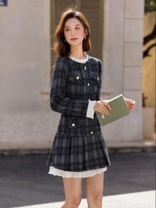 Vimly | Blue Plaid Chic Long Sleeve Mid-length Women Dress