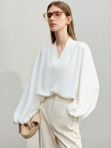 AMII | Embroidered Lettering Loose Casual V-neck Chiffon Blouse