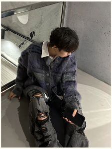 Purple Striped Knitted Sweater Coat Mens Lazy Style High-End Trendy Brand Small Audience Couples Open Cardigan