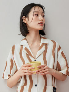 Cooling Cotton Short Sleeve Loose Fashion Stripe Wearable Outside Pajama Set