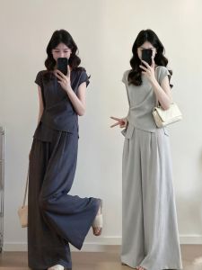 Lazy-style Large Size Asymmetrical Slit Sleeveless T-shirt with Wide-leg Pants Set