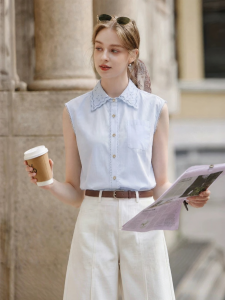 XIANGYING | French Commuter Sleeveless Linen Embroidery Notch Collar Blouse