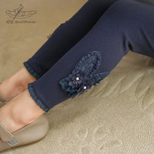 Spring Autumn Childrens Floral Lace Bottom Pants High Waist Cotton Polyester Blend Non-Fleece Baby Girl Long Trousers