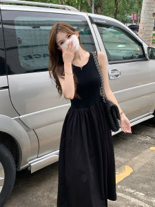 SUHUIQIAN | French Audrey Style Black A-Line Waist-Cinched Sleeveless Dress