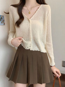 Womens Hollow out Knitted Cardigan Thin Summer New Fashion Versatile Loose Slimming Air Conditioned Top Long Sleeve V-Neck