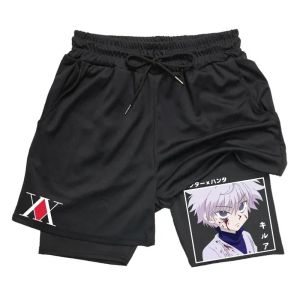 Men Double Deck 2-in-1 Athletic Gym Shorts Anime Hunter X Hunter Print Casual Fitness Workout Running Sports Quick Dry Shorts