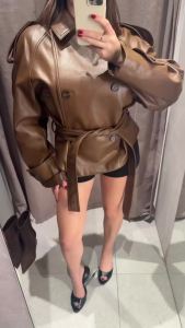 KLKXMYT Casual Chic Brown Leather Jackets Women Long Sleeve Buttons Belt Coats Fashion 2026 Spring Autumn Streetwear Coats ﻿ ﻿