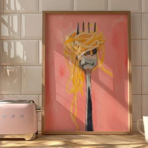 Spaghetti Pasta Fork Pink Matte Vertical Poster Art Print - Wall Decor Kitchen Housewarming Italian Food Whimsical Painting