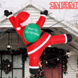 2M/3M Christmas Inflatable Climb The Wall Santa Claus Carrying Green Gift Pack Model Built-in LED Party Window Decoration Props