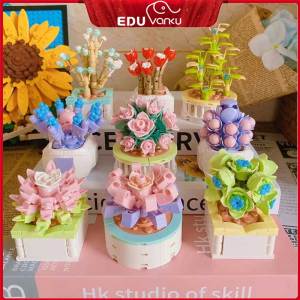 Building Blocks DIY Flower Bulidng Kit Succulents Plants Pots Office Home Decoration Creative Assembly Toys for Collection Valentine Day Gifts for Boys Girls
