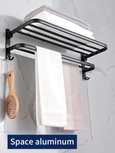 Black bathroom towel rack non perforated wall mounted bathroom storage rack toilet towel pole