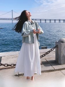 Retro เดนิม เสื้อเชิ้ตและ สีขาว เชือกแขวนคอ เดรส ชุดผู้หญิง Early ฤดูใบไม้ร่วง แฟชั่น พรางหุ่น ยาว กระโปรง สูง เอว แขนยาว คอวี ทรงเอ