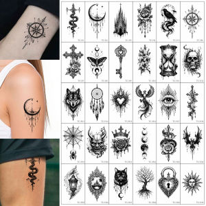 30pcs Black Sketch Tattoo Stickers Snakes Roses Crosses Skeleton Small Patterns Temporary Tattoo Stickers Waterproof