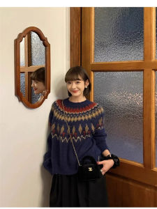 เสื้อสเวตเตอร์ถักนิตติ้งสไตล์เกาหลีสำหรับผู้หญิงในฤดูใบไม้ร่วงและฤดูหนาว สไตล์แฮมิลตัน ดีไซน์คริสต์มาส แขนยาว คอกลม เสื้อคลุมแฟชั่น