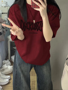 American High Street Wine Red Short Sleeve T-Shirt Women Summer New Loose Small Audience Design Couples Top Cotton Print