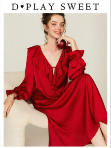 Red V-Neck Ruffle Bridal Style French Laidback Long Sleepwear