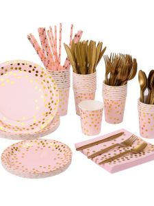 Biodegradable Paper Tableware Set Gold Pink Polka Dots 8 Pieces Combination Eco-friendly Disposable Dining Utensils for Party