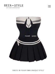 ชุดกระโปรงสั้นเอวสูงสไตล์ฝรั่งเศส HEZA สำหรับผู้หญิงไซส์ใหญ่ ชุดสองชิ้น แขนกุด คอวี สไตล์หวานและเผ็ดร้อน