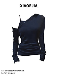 Xiaoejia ผู้หญิง ถัก เสื้อท่อนบน ไหล่ไม่สมมาตร สลิมฟิต แขนยาว ผ้าวิสโคส Nylon Blend เสื้อสวม Vintage สไตล์อเมริกัน Early ฤดูใบไม้ร่วง ลำลอง เสื้อท่อนบน