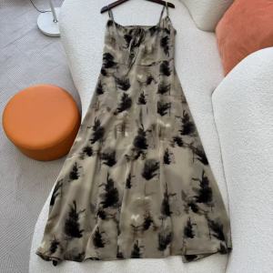 High Waist Sleeveless Womens Dress Halter Neck Gown Korean Style Slim Fit Sumi Painting A-Line Skirt Polyester Fabric