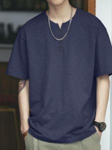 Extra Large Size 300 Pounds Japanese Style Retro Henry Collar Bamboo Cotton Short Sleeve Mens T-Shirt Summer Loose Half Sleeve Versatile Body Shirt